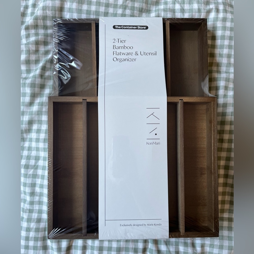 NWT The Container Store x KonMari 2-Tier Bamboo Flatware & Utensil Organizer
